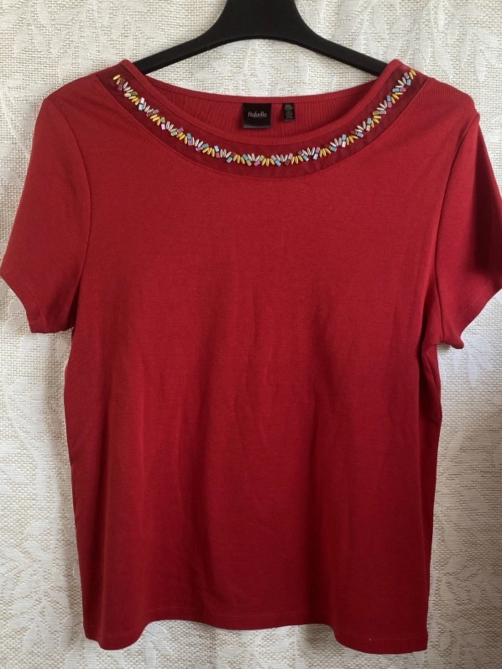 Rafaella Embroidered Crewneck Short Sleeve Top in Red